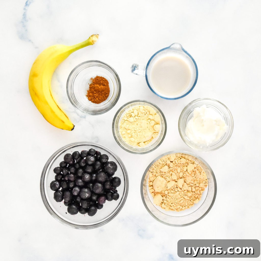 Blueberry Cinnamon Smoothie with Peanut Butter Powder 6 ingredients required to make a blueberry smoothie.