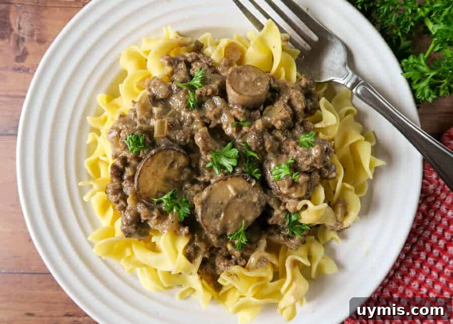 Creamy Ground Beef Stroganoff with Greek Yogurt 4 Ground Beef Stroganoff with Greek Yogurt served in a skillet