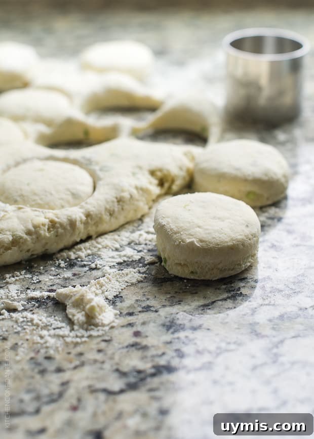 Boursin Garlic and Herb Buttermilk Biscuits Recipe 5 Biscuit dough cut out on a granite surface.