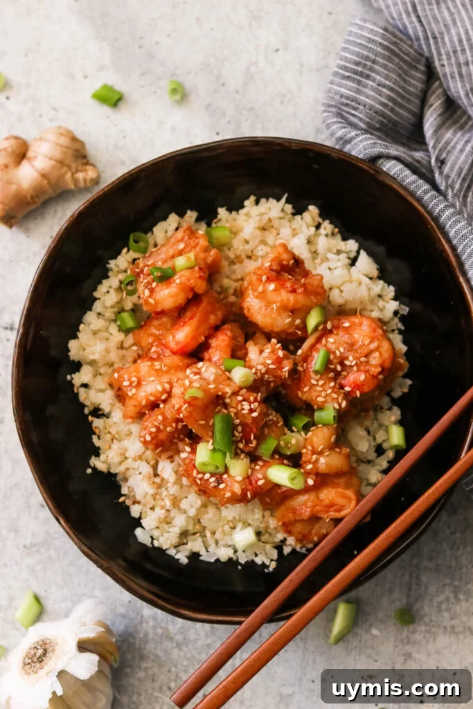 Asian Chili Garlic Shrimp - Paleo Whole30 Recipe 6 homemade Thai takeout dish in a bowl with chopsticks