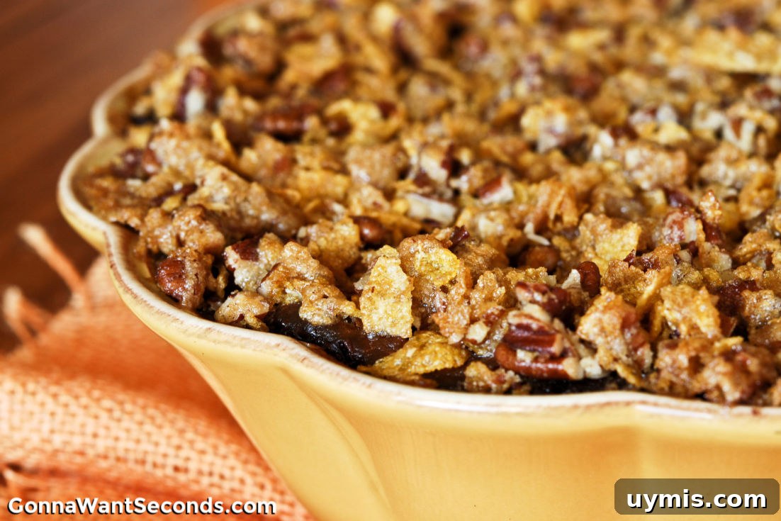Close-up of sweet potato casserole with crunchy topping sweet potato casserole close up