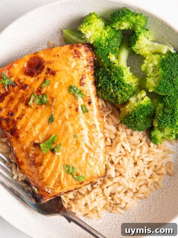 salmon on a bed of rice served with broccoli