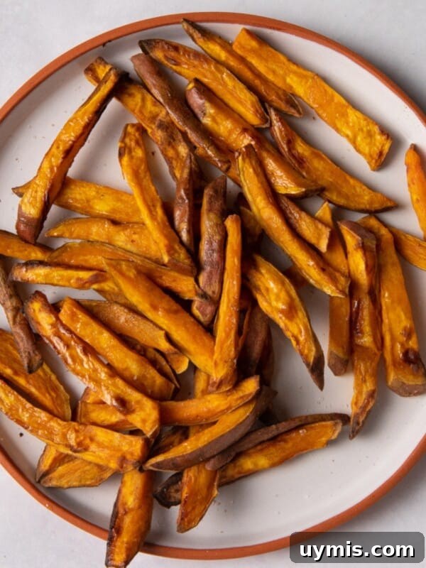 sweet potato fries on white plate with orange rim.