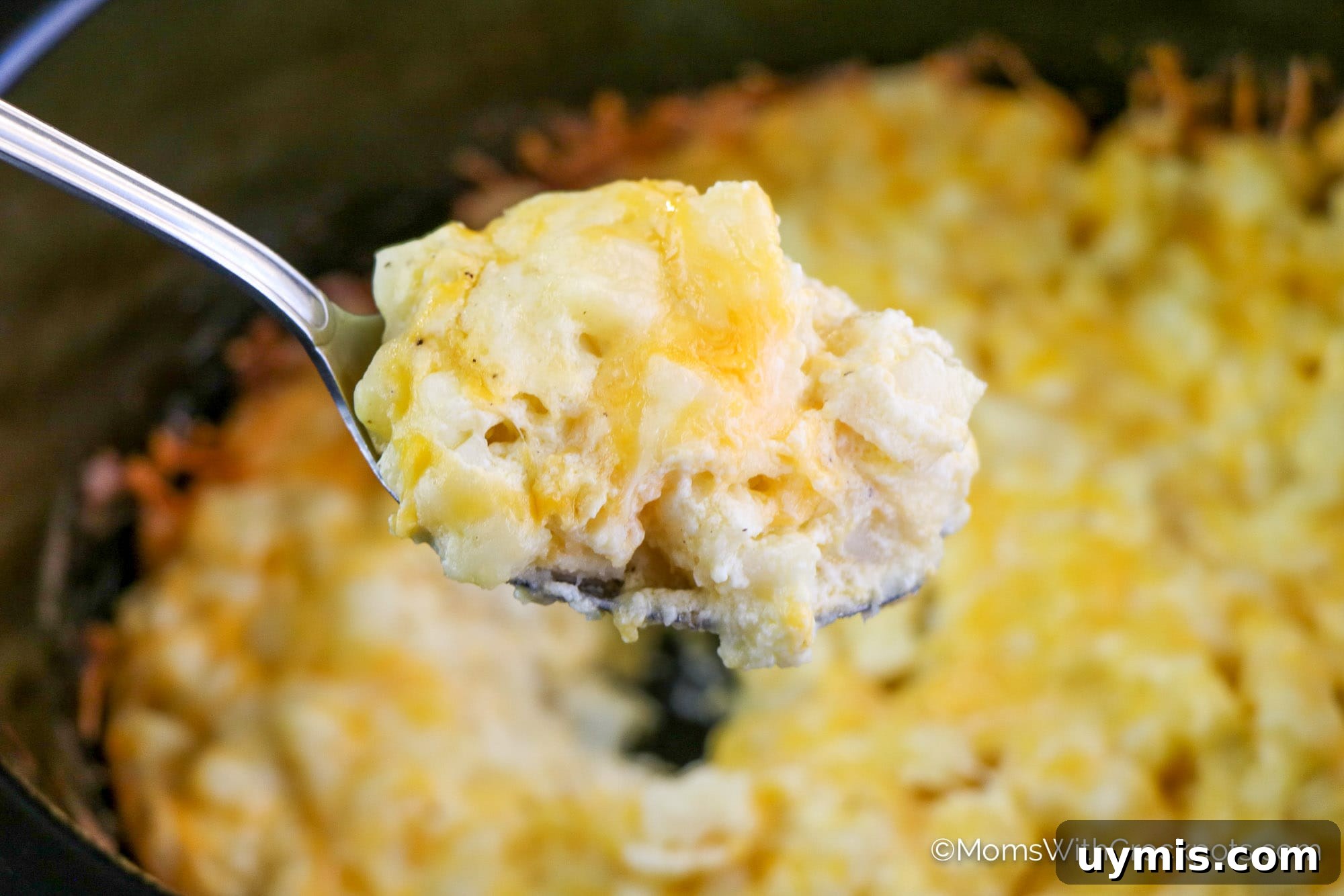 Creamy Slow Cooker Cheesy Hashbrown Casserole 2 Crockpot Cheesy Hashbrown Casserole on spoon