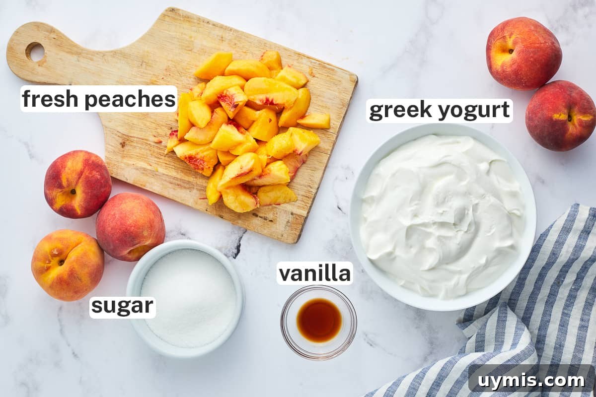 Homemade Peach Frozen Yogurt Recipe 4 Fresh peaches, Greek yogurt, sugar and vanilla with text.