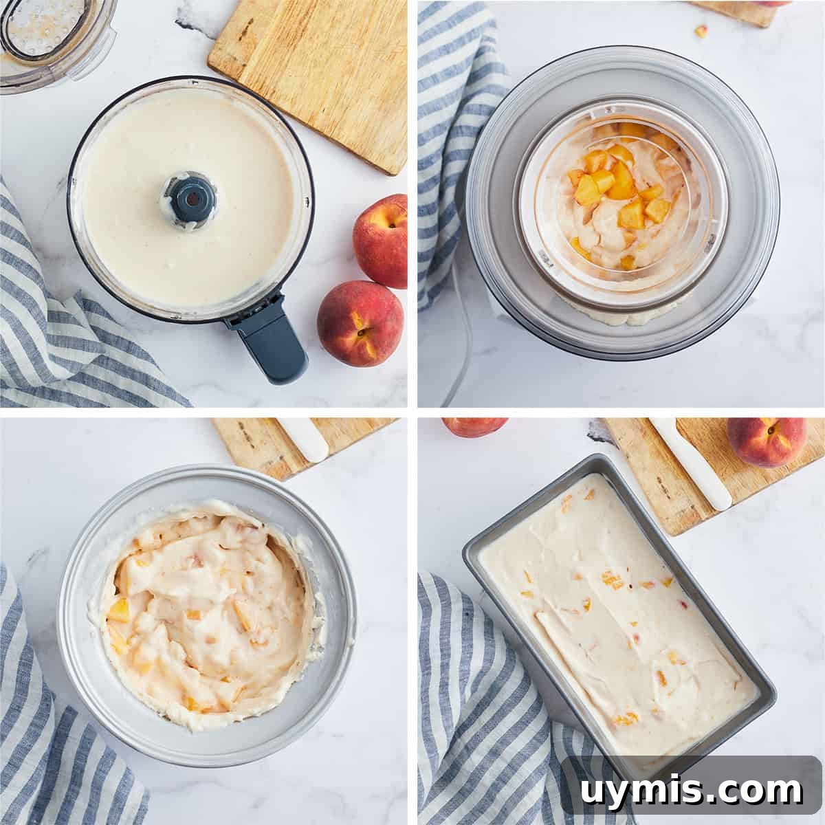 Homemade Peach Frozen Yogurt Recipe 5 Ingredients for peach yogurt in a food processor bowl, ice cream maker, and metal loaf pan.