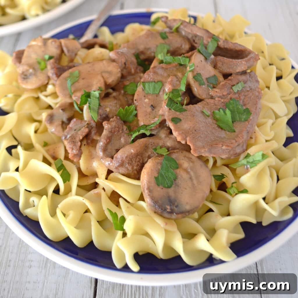 53-Recipe Meal Plan: Weekly Menus and Shopping List 11 A blur plate filled with beef stroganoff on egg noodles.