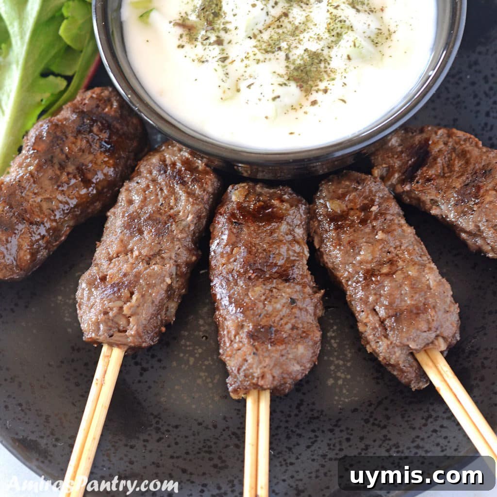 53-Recipe Meal Plan: Weekly Menus and Shopping List 8 Kofta skewers on a black plate with a bowl of tzatziki sauce