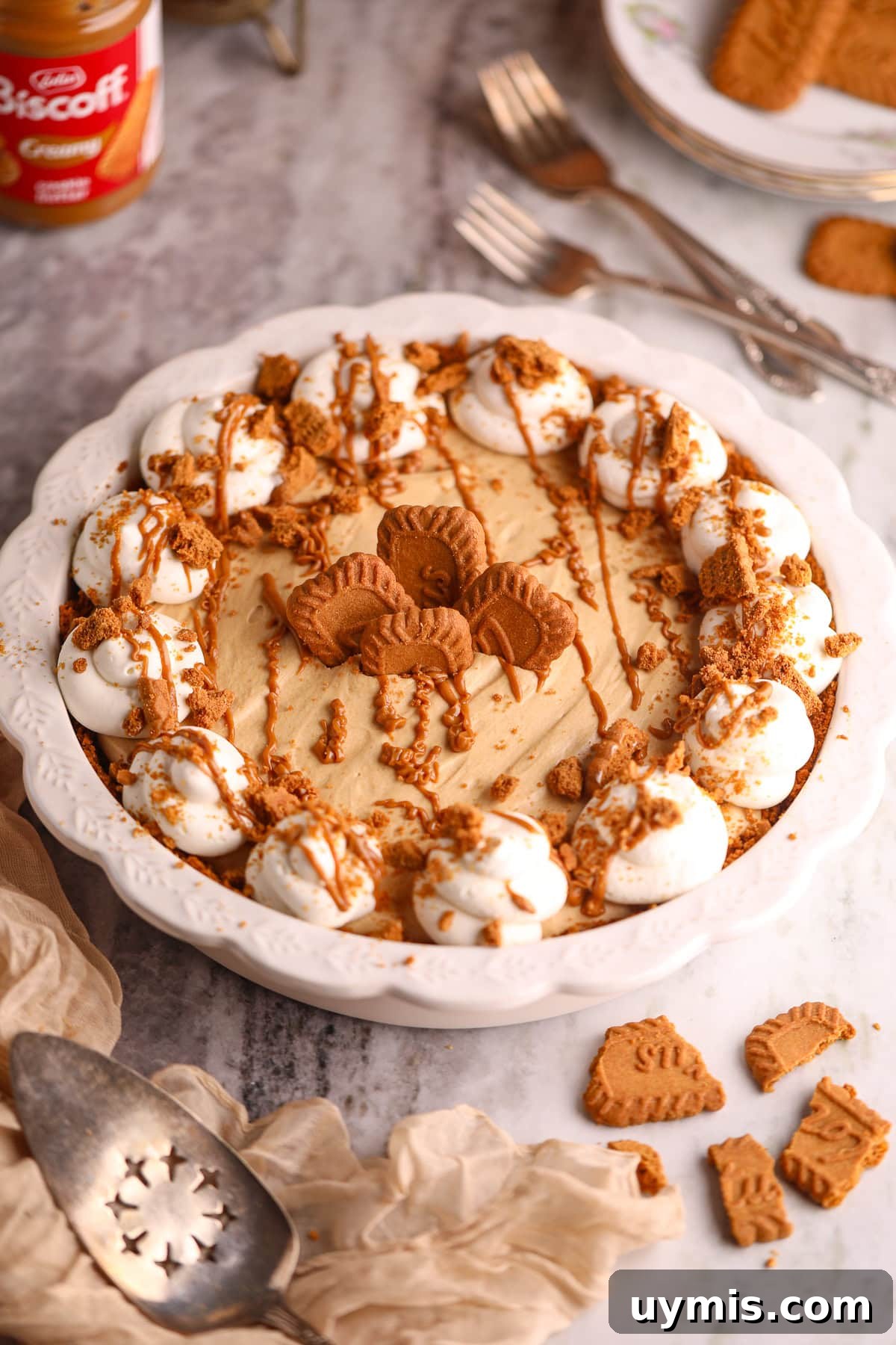 Creamy No-Bake Cookie Butter Pie Recipe 2 Cookie butter pie in a pie dish sitting on top of a marble table top.