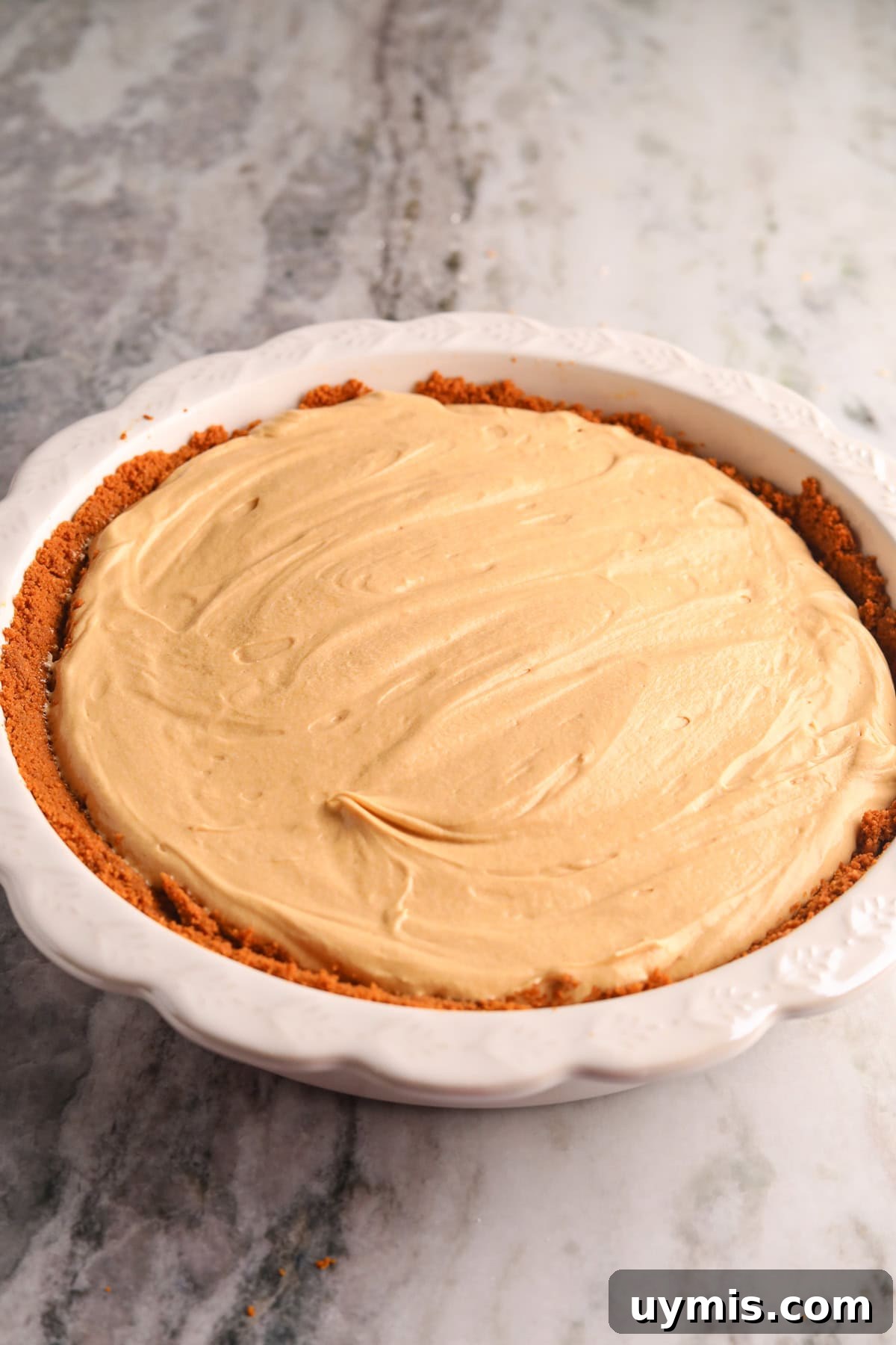 Creamy No-Bake Cookie Butter Pie Recipe 8 Cookie butter pie filling spread out in cookie crust in a pie dish.