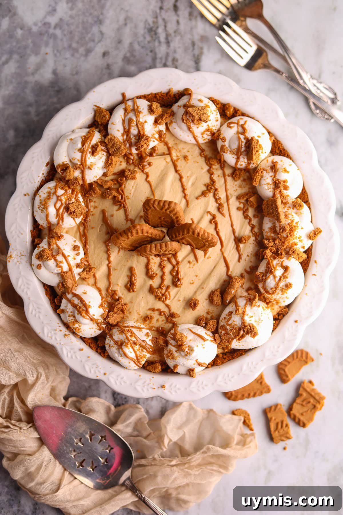 Creamy No-Bake Cookie Butter Pie Recipe 9 Biscoff cookie butter pie in a glass pie dish sitting on a marble table top.