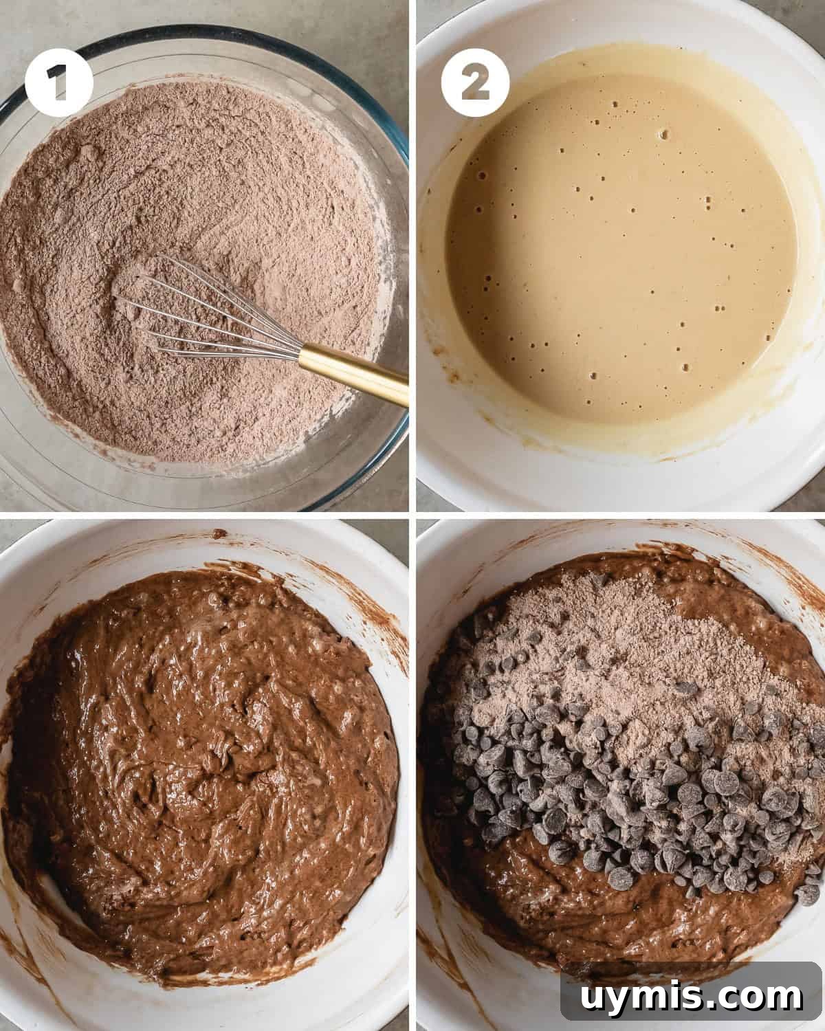 Double Chocolate Chip Muffins with Rich Cocoa Flavor 5 In a mixing bowl, sift the flour, unsweetened cocoa powder, baking powder, baking soda and salt together, then whisk together until well combined. Then whisk in the light brown sugar and granulated sugar until well combined.
In another bowl whisk the eggs until lightly beaten. Then whisk the eggs, oil, buttermilk, sour cream, vanilla extract and espresso powder until smooth and well combined. Stir the dry ingredients into the wet ? at a time. Before mixing in the last ? of the dry ingredients, toss the mini chocolate chips into the dry ingredients. Then mix the remaining dry ingredients, along with the chocolate chips into the wet ingredients. Do not overmix. A few flour streaks is fine. Cover the muffin batter and rest the batter in the fridge for 30 - 60 minutes. This step is recommended for bakery style muffins.