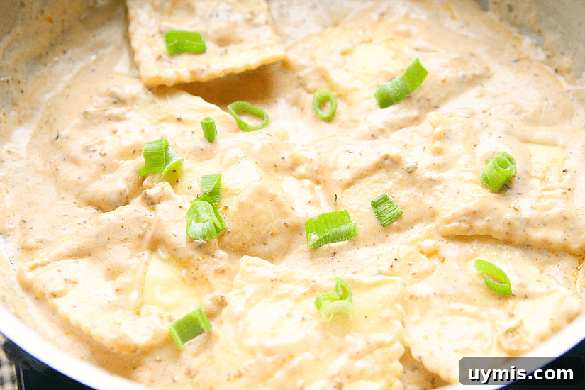 Blackened Shrimp and Cheese Ravioli Recipe 4 A pan with ravioli and alfredo sauce.