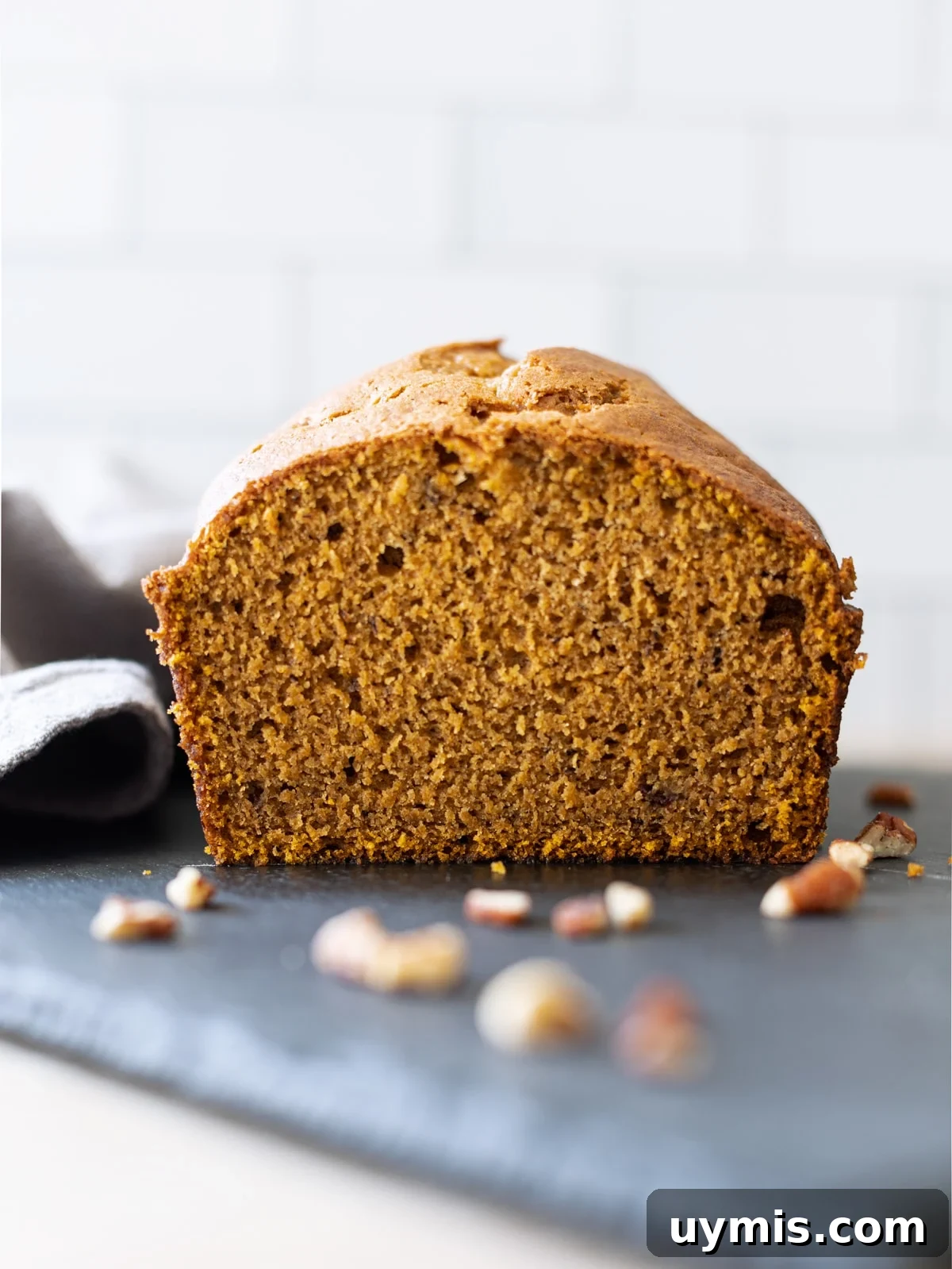 Close up of a half loaf of banana bread.