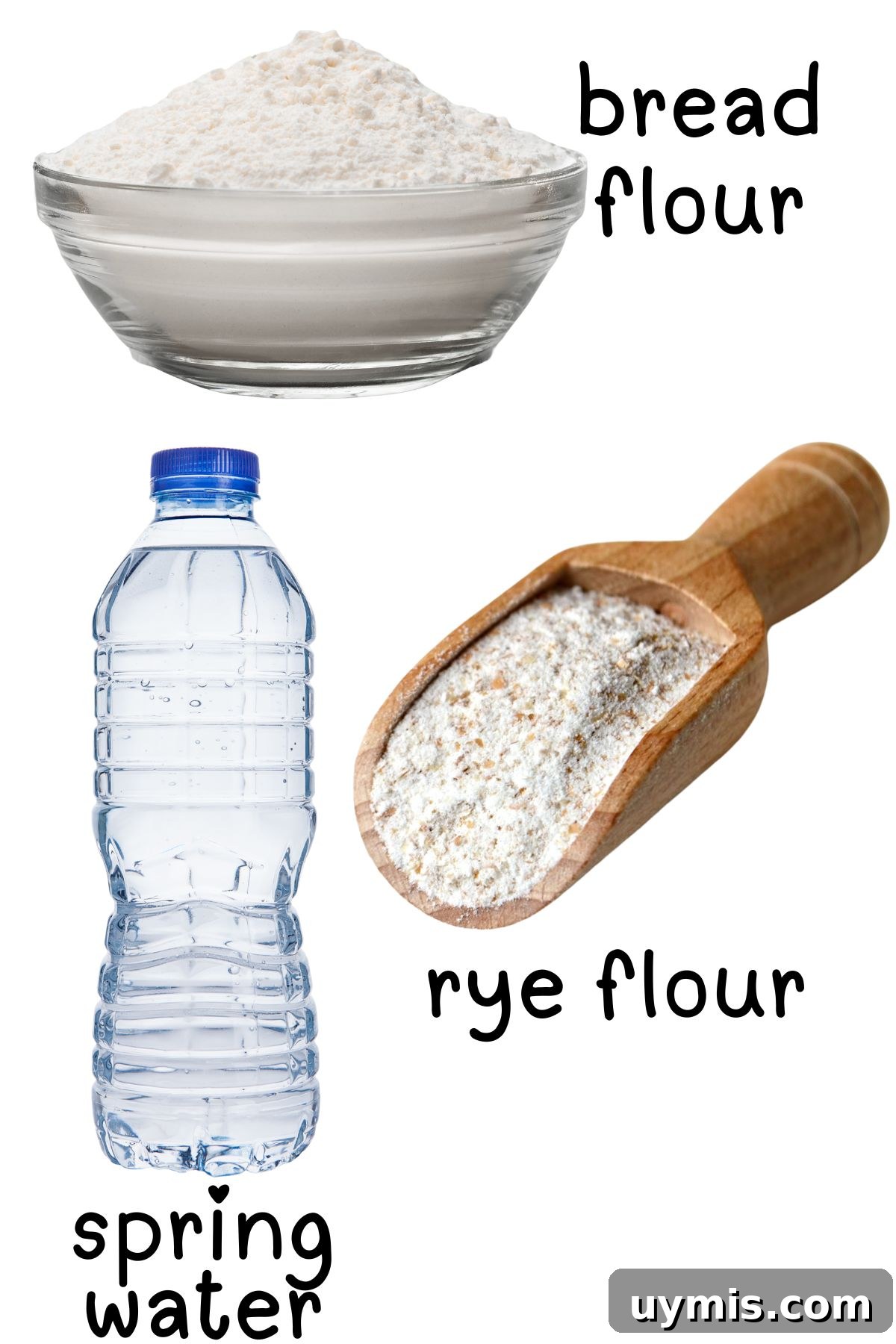How to Make a Sourdough Starter for Homemade Bread 3 Labeled ingredients for sourdough starter.