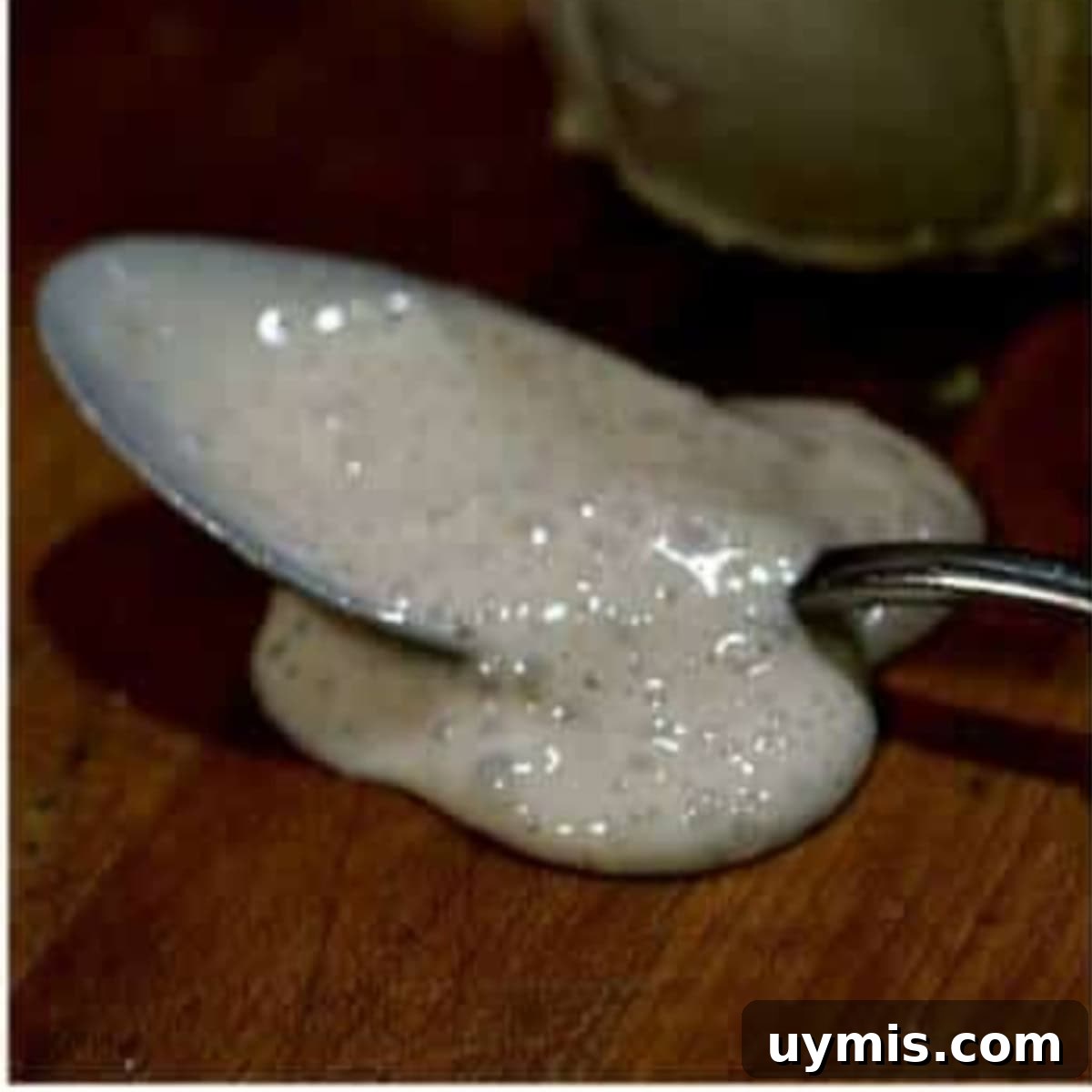How to Make a Sourdough Starter for Homemade Bread 8 Closeup of a spoon covered in sourdough starter.