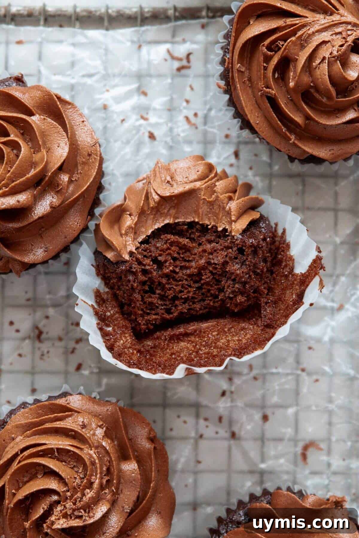 Fudgy Gluten Free Chocolate Cupcakes Recipe 10 Gluten-free chocolate cupcake with a bite taken out showing the moist, fudgy interior and dairy-free chocolate frosting.