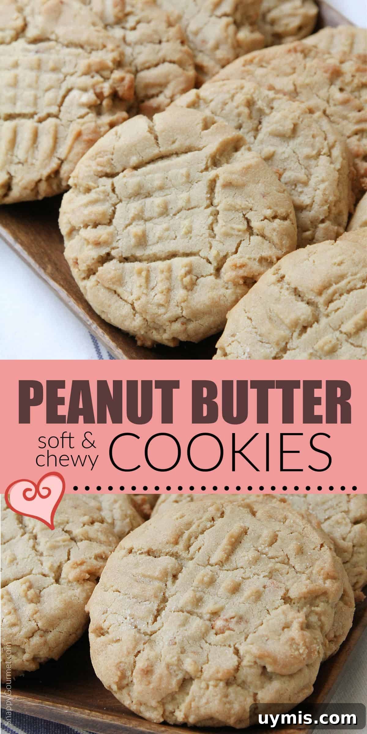 PEANUT BUTTER COOKIES recipe collage of peanut butter cookies on wood tray