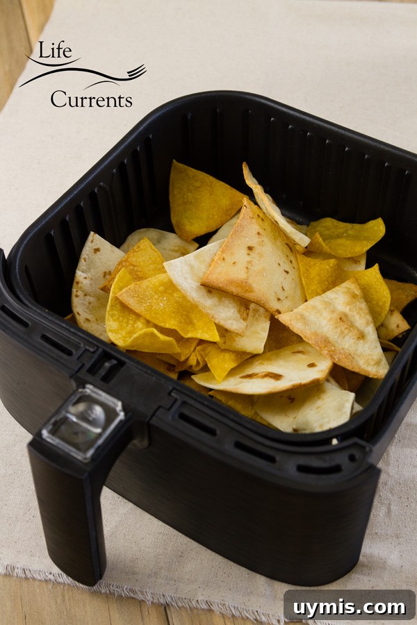 Air Fryer Tortilla Chips - Your favorite Mexican tortilla chips made healthier with no oil using an air fryer! tortilla chips in the basket of the air fryer