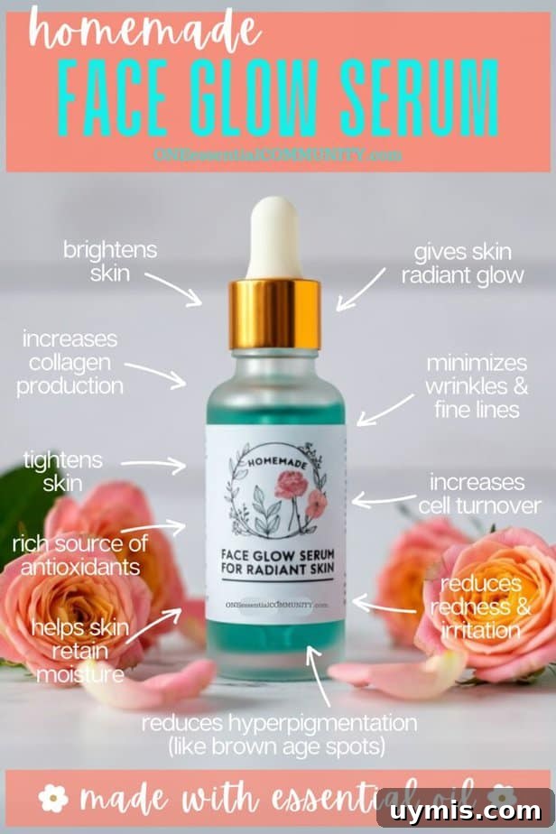 DIY Face Glow Serum Recipe for Radiant Skin 2 homemade face glow serum made with essential oils by OneEssentialCommunity.com -- brightens skin, gives skin radiant glow, minimizes wrinkles & fine lines, increases cell turnover, reduces redness and irritation, reduces hyperpigmentation (like brown age spots), helps skin retain moisture, rich source of antioxidants, tightens skin, increases collagen production, and brightens skin