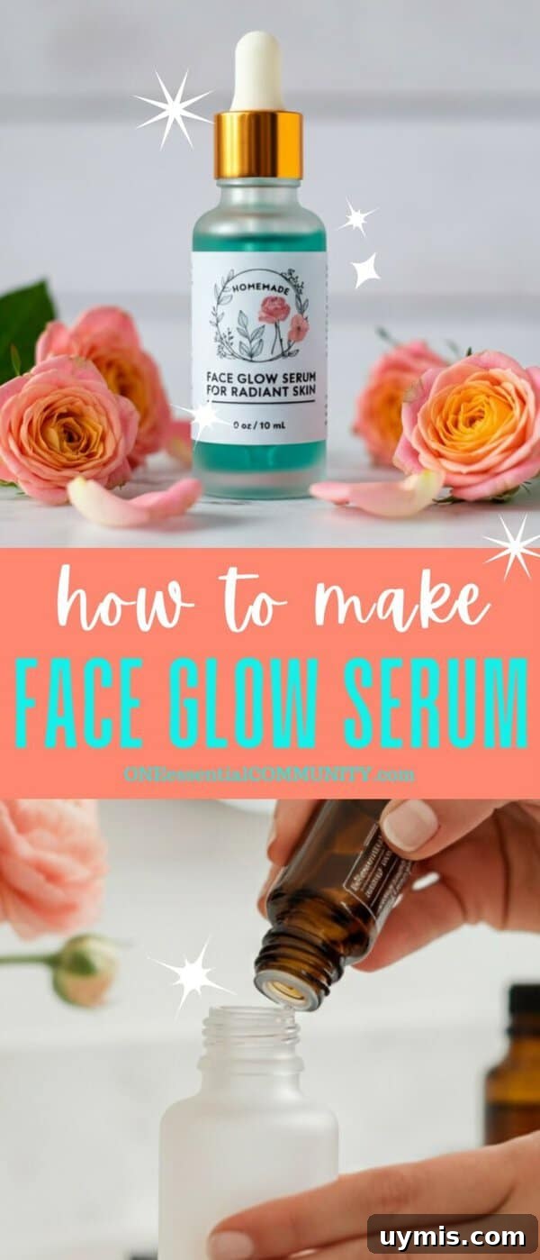 DIY Face Glow Serum Recipe for Radiant Skin 6 glass dropper bottle of homemade face glow serum for radiant skin -- how to make face glow serum by OneEssentialCommunity.com-- hands adding essential oil to frosted glass bottle