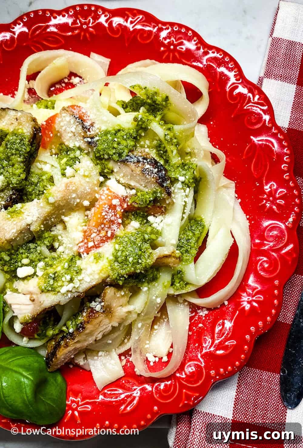 2 Ingredient Keto Pasta Recipe for Low Carb Noodles 4 Keto noodles served on a red plate with chicken close up photo