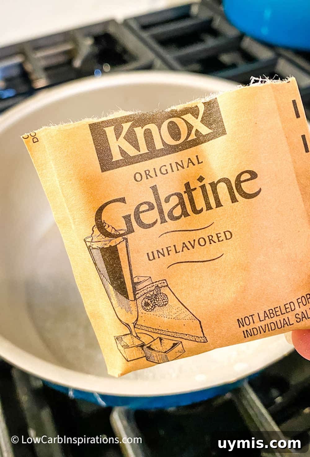 2 Ingredient Keto Pasta Recipe for Low Carb Noodles 8 Knox gelatin packet with a sauce pan in the back of the photo