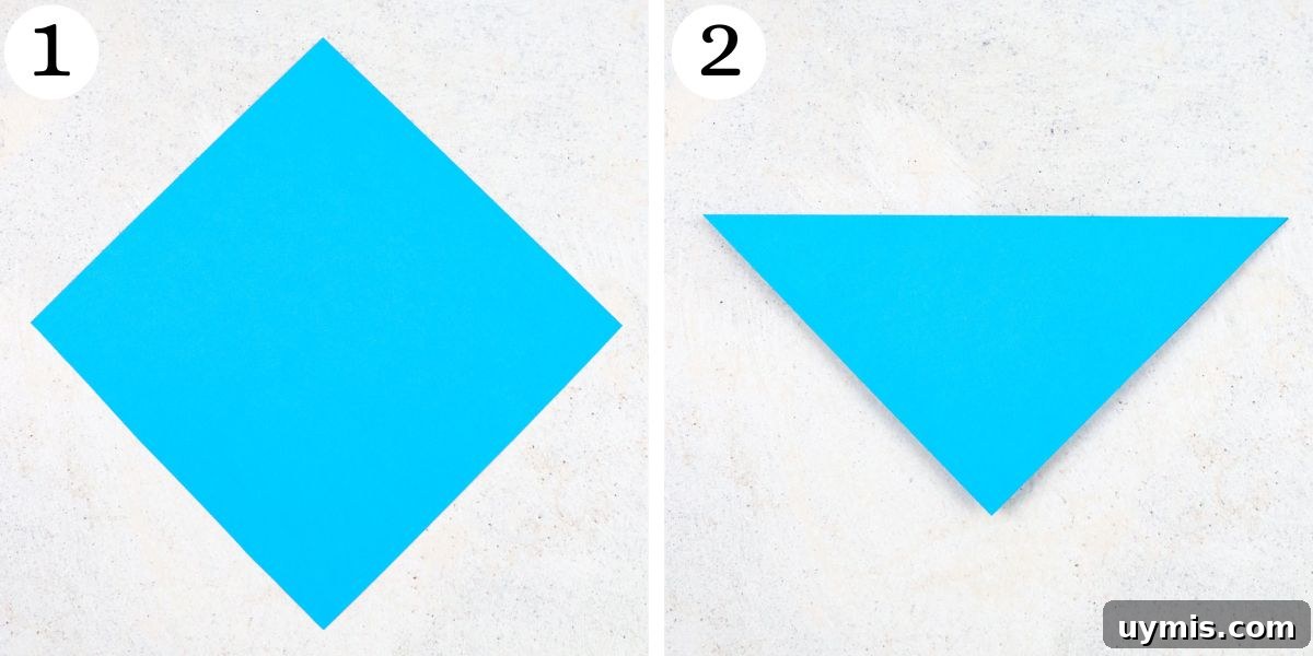 How to Make an Origami Corner Bookmark 4 fold origami diagonally to make triangle