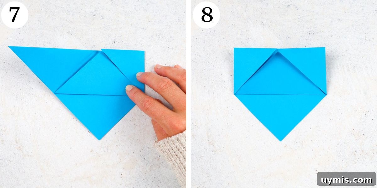 How to Make an Origami Corner Bookmark 7 Fold the right corner in to meet the top edge. fold left to do the same.