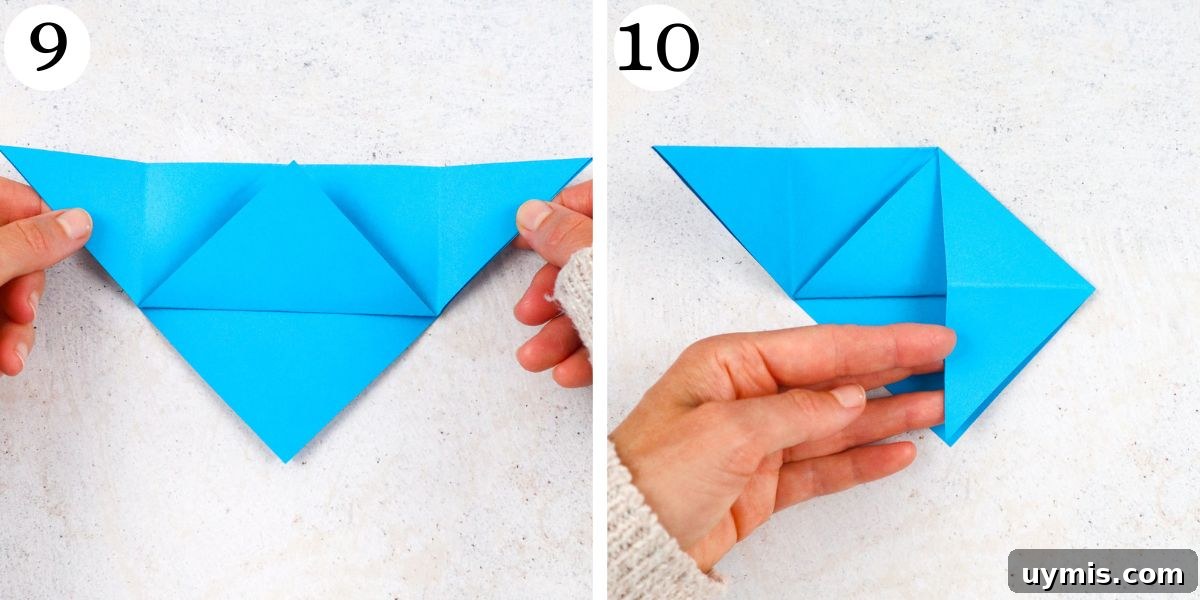 How to Make an Origami Corner Bookmark 8 Unfold the right and left corners. Find the crease that you made earlier on the right side. Use it to fold the right corner down.