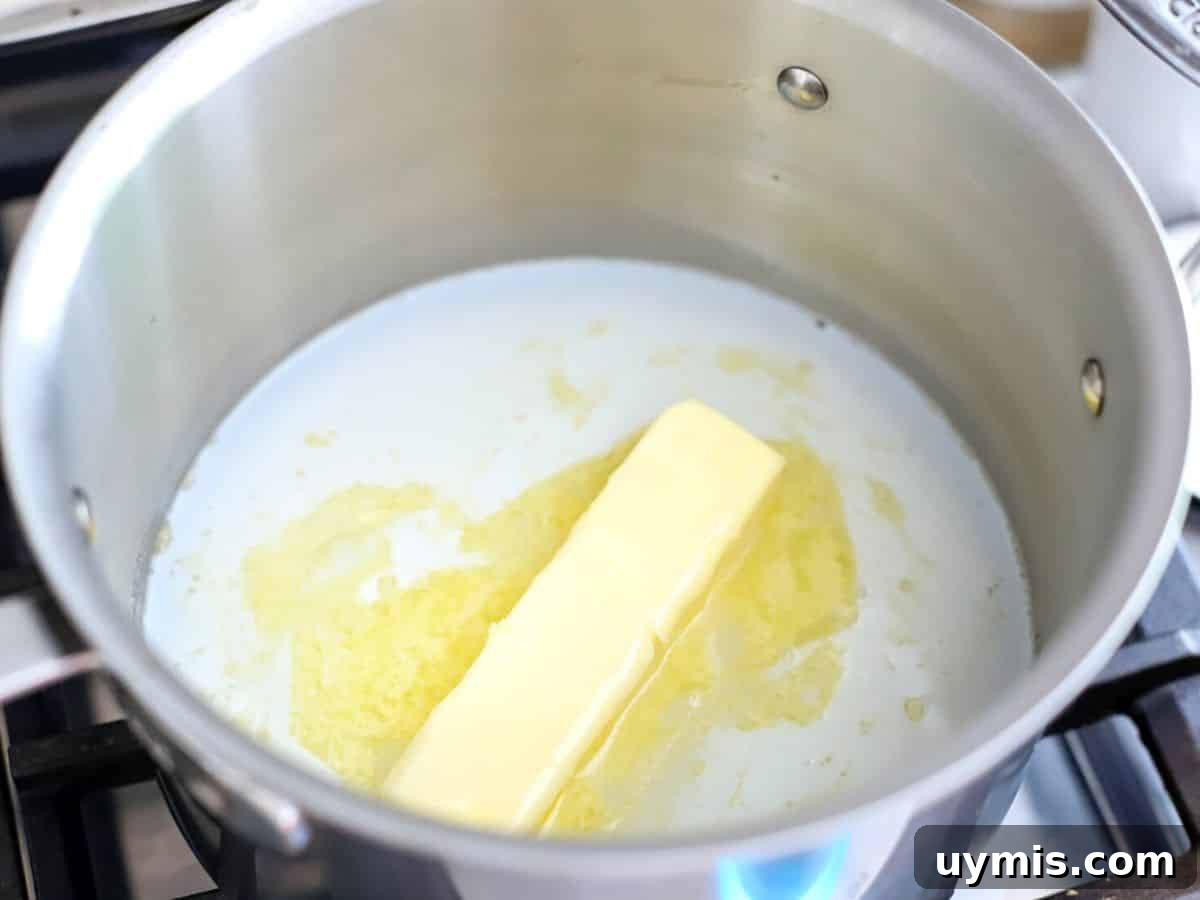 Sugar, butter, and milk in a saucepan.