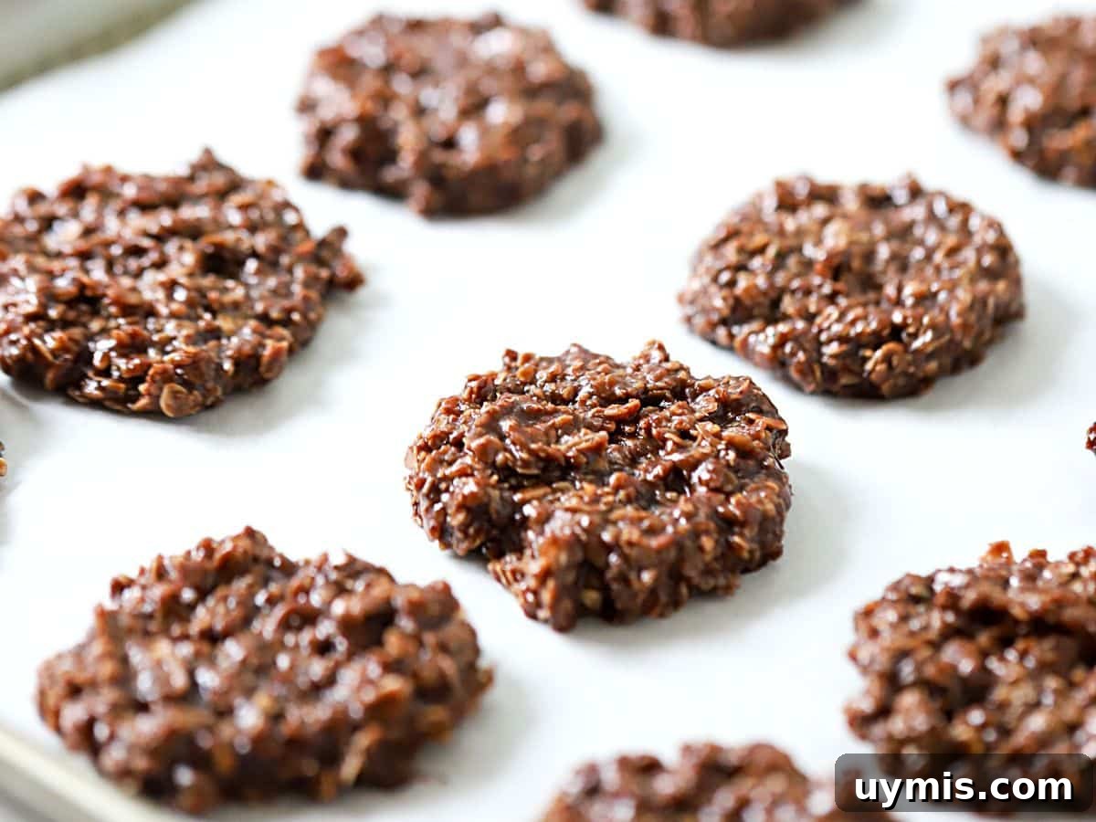 No-bake cookies on a baking sheet.