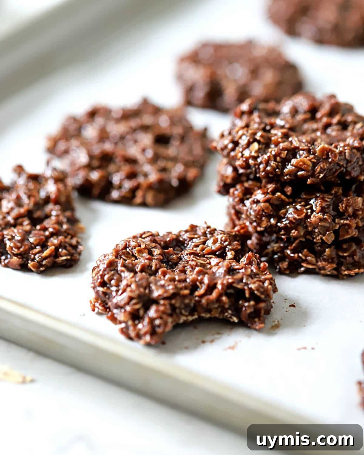 No-bake cookie with a bite taken out.