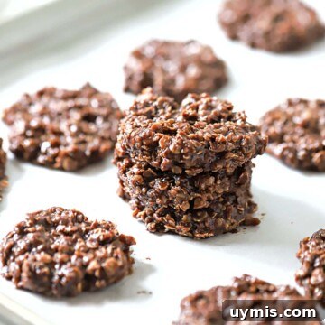 No-bake cookies stacked on a plate.