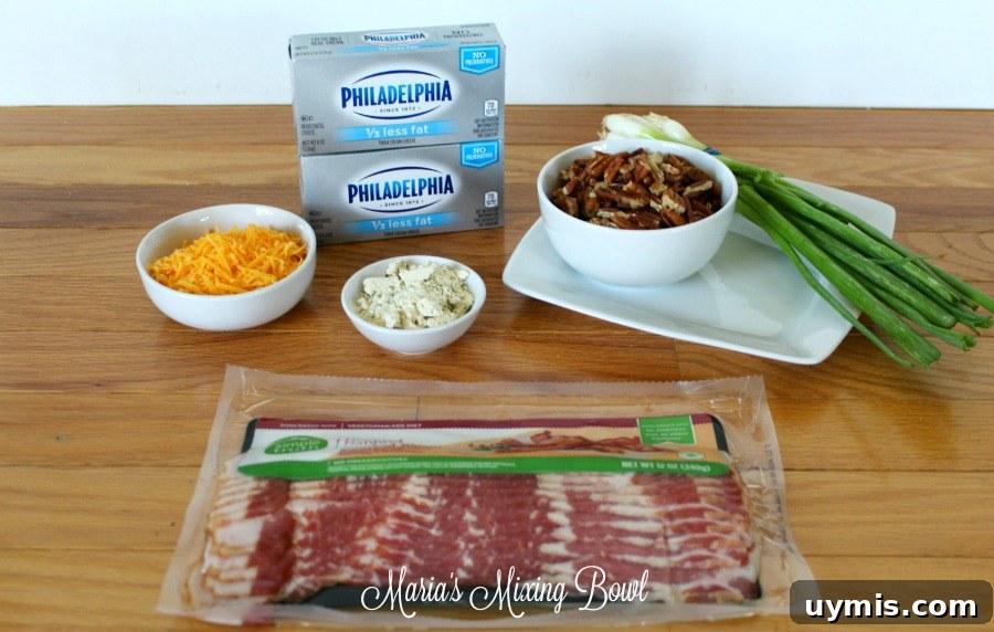 Cheddar Bacon Ranch Cheese Ball Recipe 7 Ingredients laid out