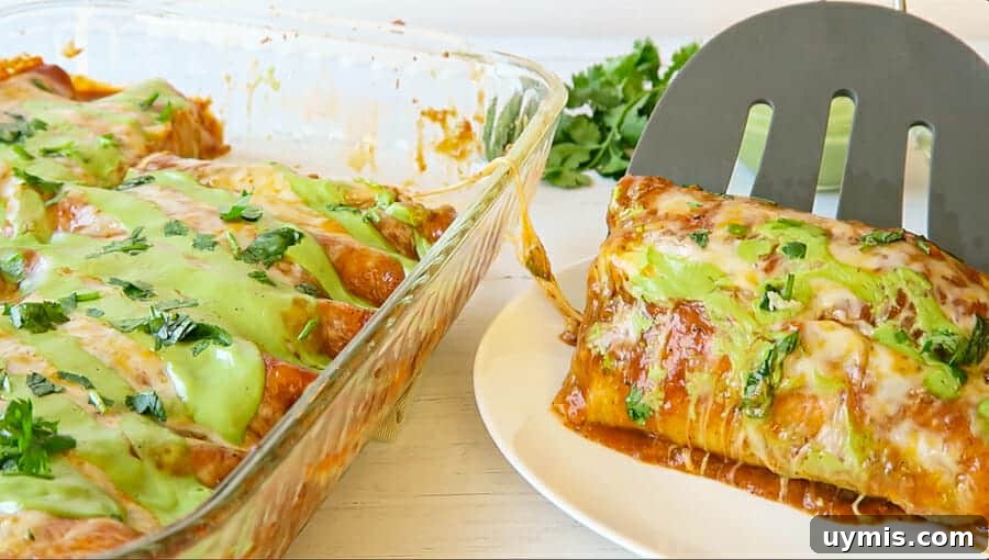 Baked Red Chicken Enchiladas with Creamy Avocado Sauce 10 serving two red enchiladas onto a dinner plate
