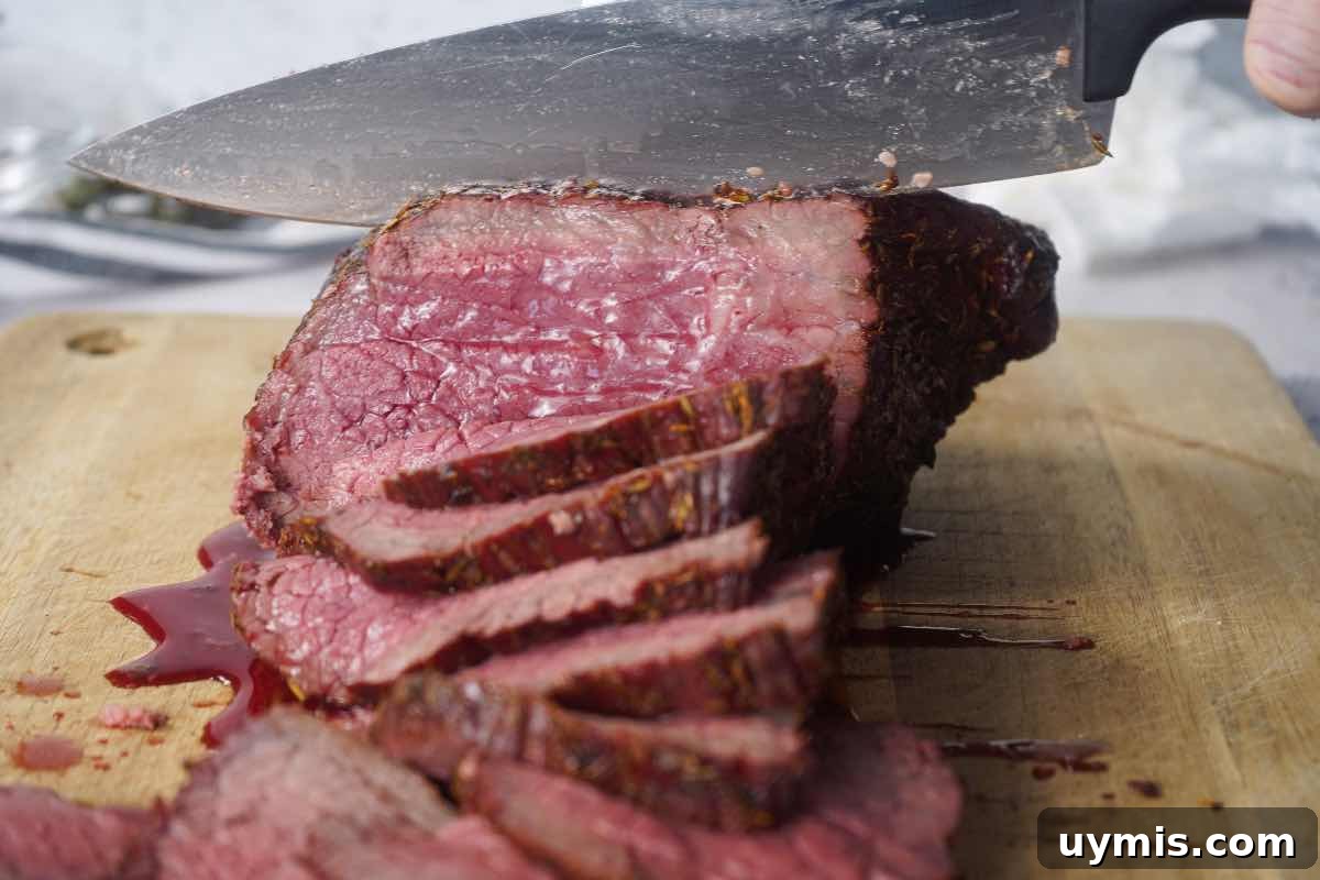 Smoked Rump Roast with Thyme Rub 2 Smoked rump roast being sliced
