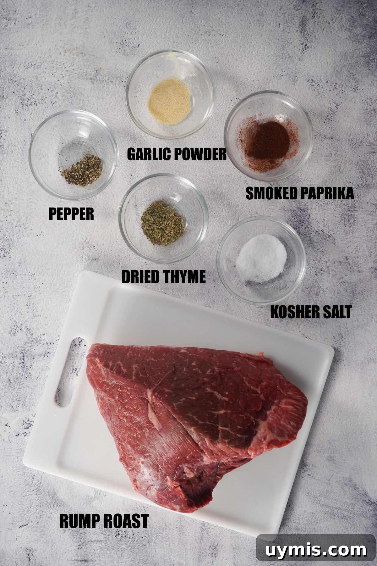 Smoked Rump Roast with Thyme Rub 4 Smoked rump roast ingredients labeled with text.