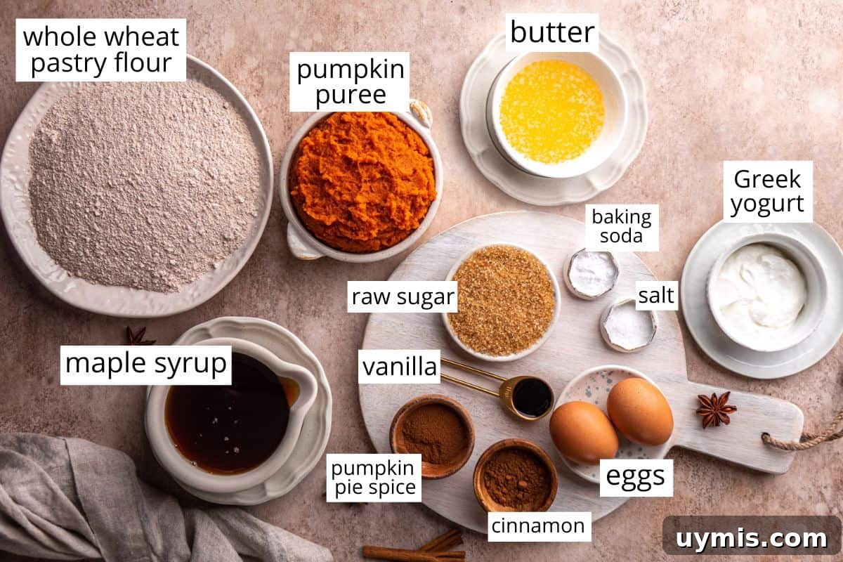 Moist Pumpkin Bread Recipe with Warm Spices 4 Overhead photo of the labeled ingredients in this Healthy Pumpkin Bread recipe