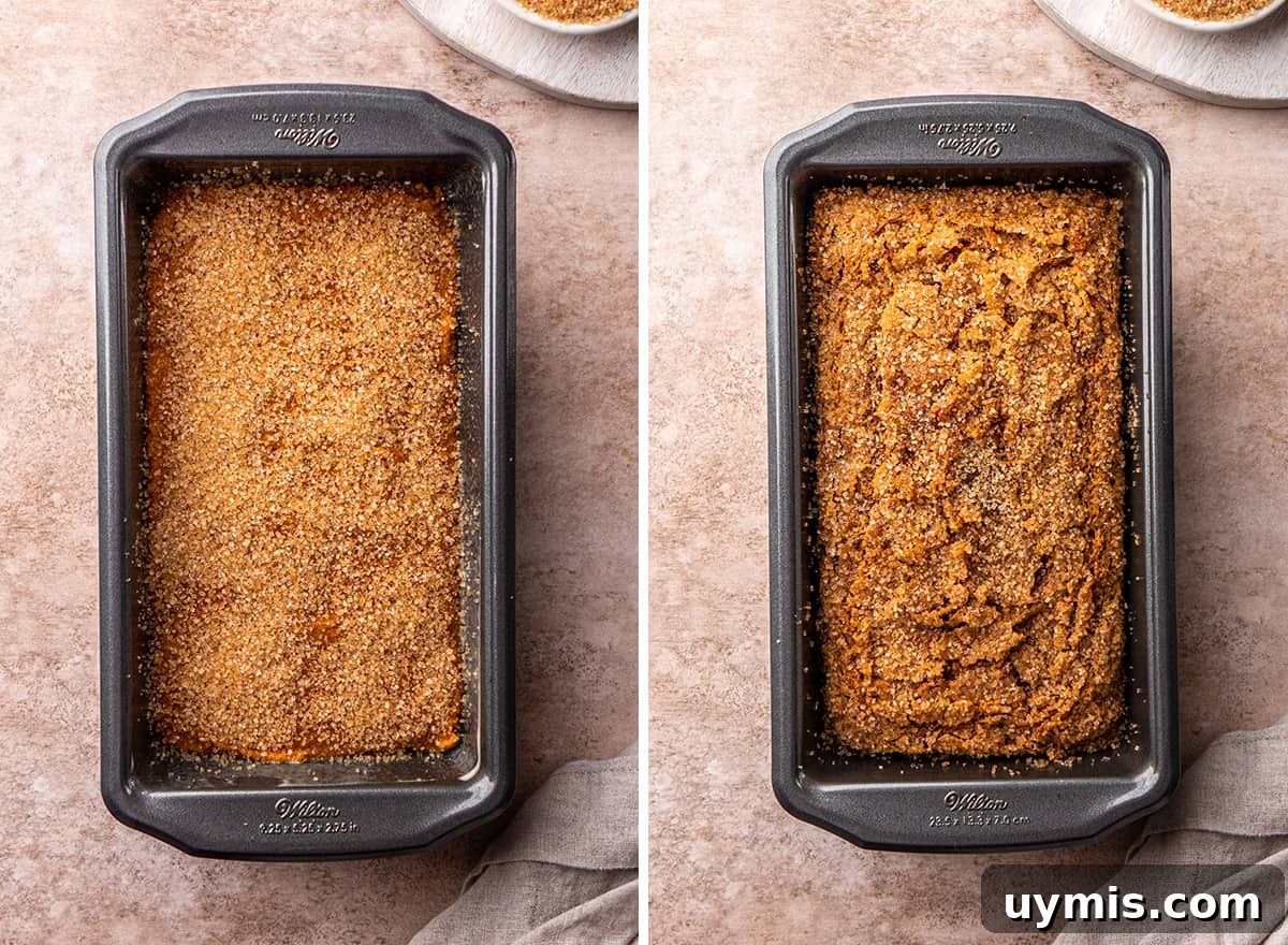 Moist Pumpkin Bread Recipe with Warm Spices 6 two photos showing Healthy Pumpkin Bread before and after baking in a baking pan
