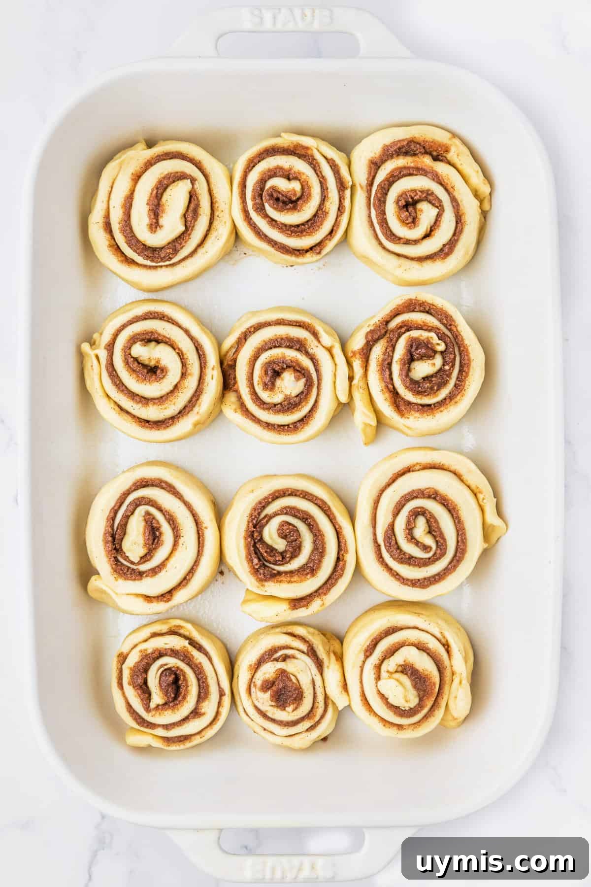 A dozen unbaked cinnamon rolls are placed in a white baking dish.