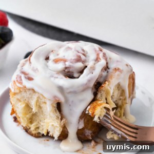 A cinnamon roll is plated with a fork.