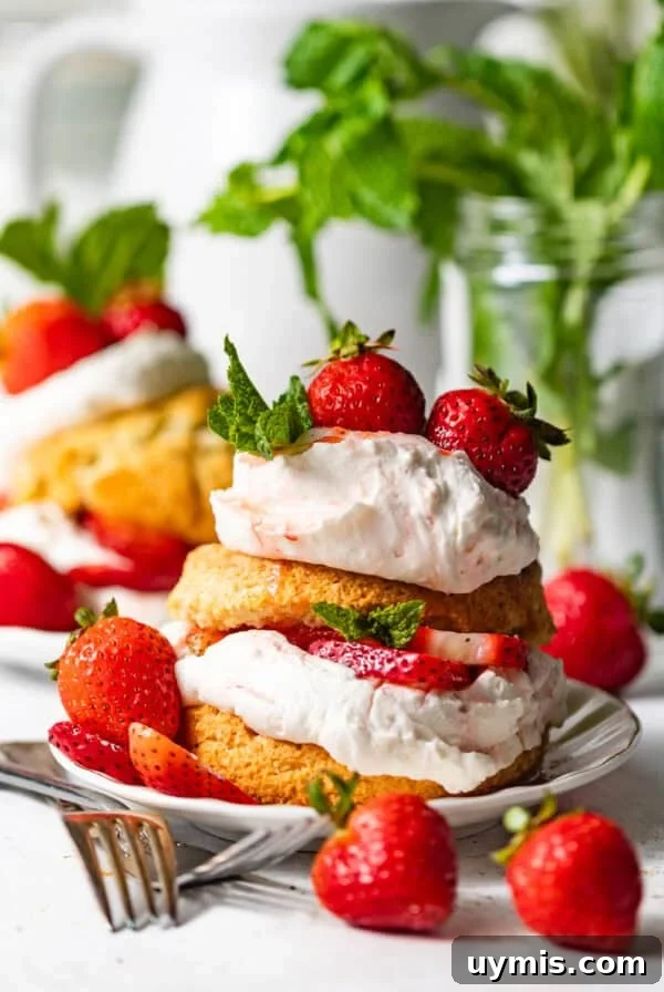 Caprese Grilled Chicken with Herb Roasted Potatoes 10 strawberry shortcake on a plate with fresh strawberries and a fork.