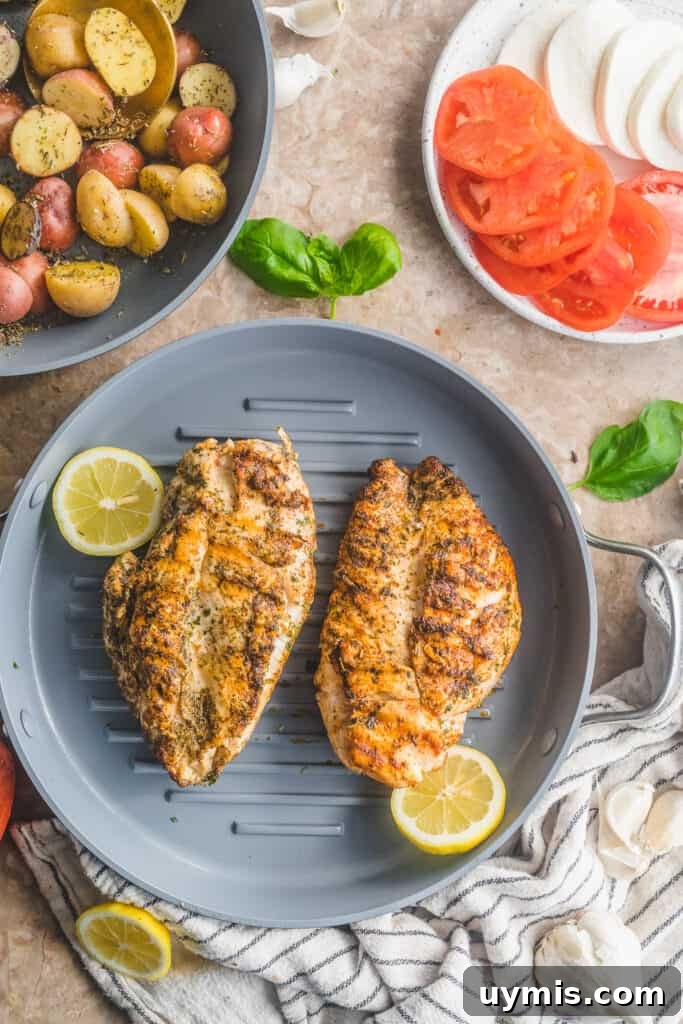 Caprese Grilled Chicken with Herb Roasted Potatoes 4 chicken in a grill pan