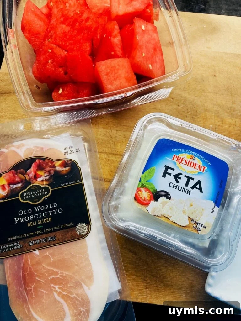 Watermelon Feta Prosciutto Appetizer Bites 2 watermelon, feta, and ham before making the bites