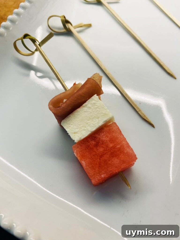 Watermelon Feta Prosciutto Appetizer Bites 4 first bite before adding glaze