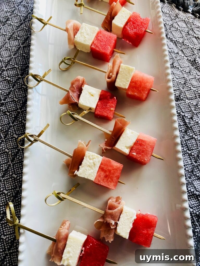 Watermelon Feta Prosciutto Appetizer Bites 5 finished bites on skewers before adding glaze