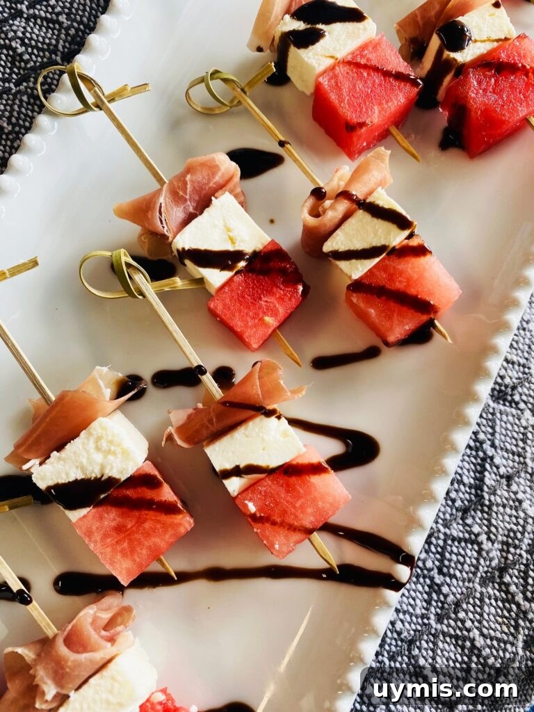 Watermelon Feta Prosciutto Appetizer Bites 6 glaze drizzled over top