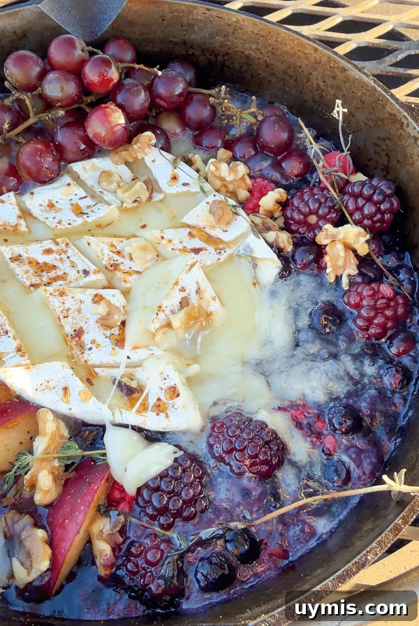 Campfire brie cheese dip with berries.