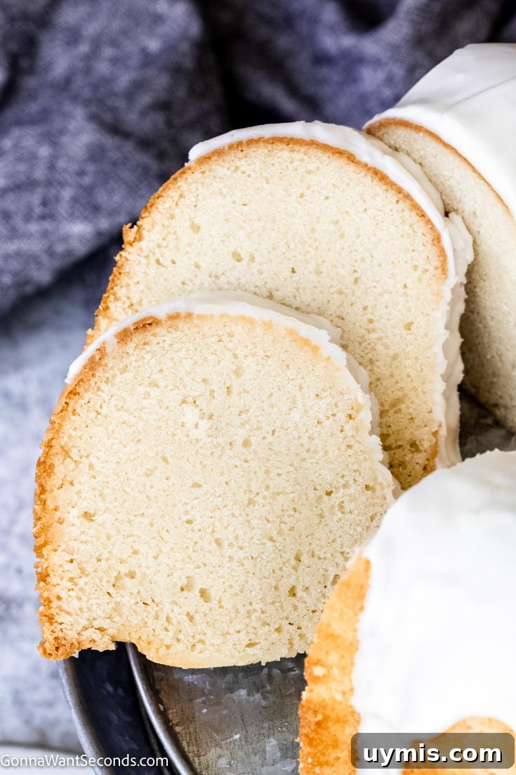 Slices of moist buttermilk bundt cake with glaze Slices of buttermilk bundt cake
